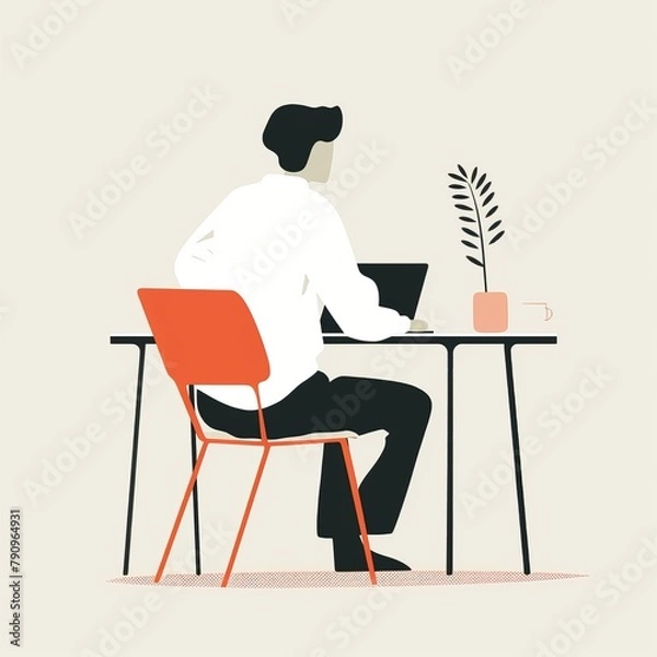 Fototapeta A stylized, minimalist illustration of a person sitting at a desk, engrossed in work on a laptop, with a plant and coffee cup beside them.