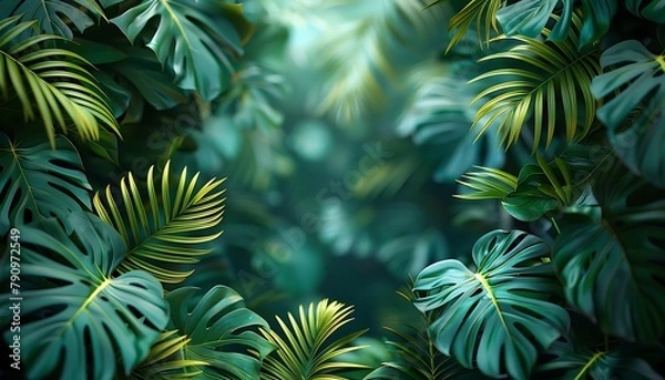 Fototapeta A vibrant background with tropical leaves framing the edges.