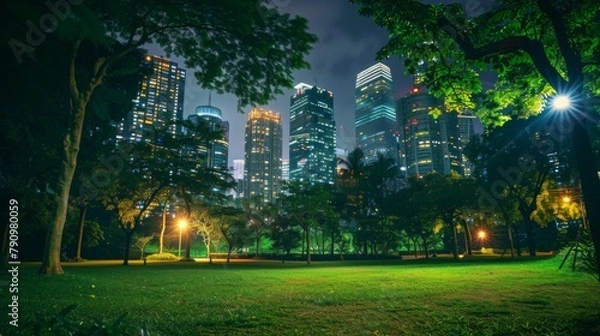 Fototapeta A tranquil city park with towering skyscrapers illuminated by softly glowing lights, offering a peaceful oasis amidst the urban hustle and bustle.