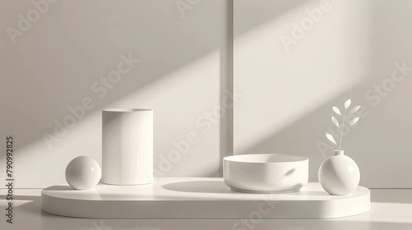 Fototapeta Elegant porcelain white podium with a soft shadow, refined and luxurious for high-end cosmetics.