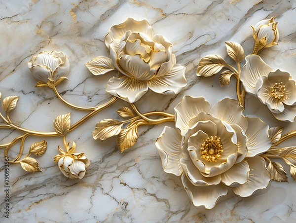 Fototapeta A gold and white flower arrangement is displayed on panel wall art, marble background . The flowers are arranged in a way that creates a sense of movement and flow