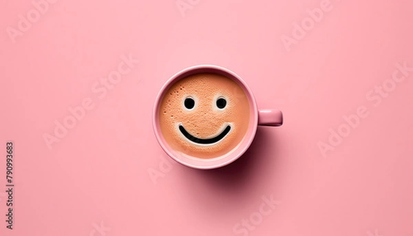 Obraz latte coffee in a cup minimalism smile pink background. Generative AI.