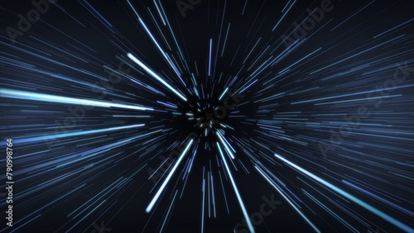 Fototapeta Speed Blue, cyan and white light, neon glowing rays lines. Colored, hyper jump. Abstract creative neon color speed background. Space blurry 4K.