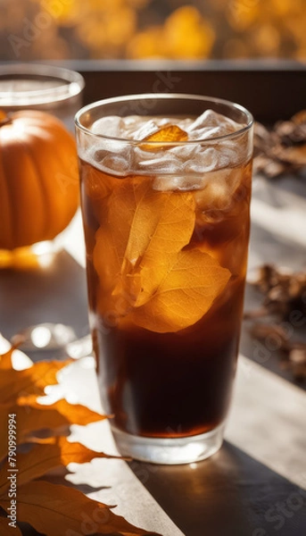 Obraz Ice Drink with Leaves against Pumpkin Background