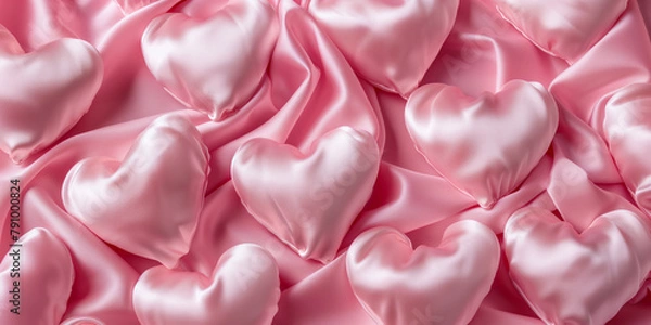 Fototapeta Valentine's Day Hearts Display Background. Abstract Holiday Backdrop with Pink Satin Heart. Overhead View of Hearts, Creating a Love Concept, Wedding Scene. Flatlay