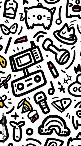 Fototapeta A seamless pattern of various objects drawn in a childlike style. The objects include animals, food, toys, and everyday items.