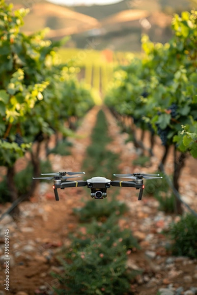 Fototapeta Remote controlled drone flying over vineyard
