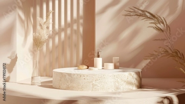 Obraz Oval stone podium in a serene pastel setting, calm and peaceful for spa products.