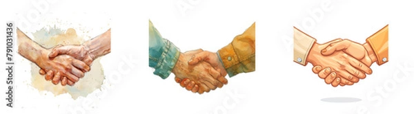 Fototapeta Shaking hands business vector illustration with abstract rays, symbol of success deal, happy partnership, greeting shake, casual handshaking agreement flat