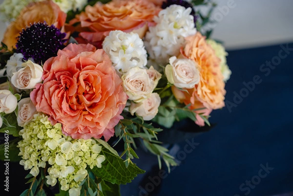 Obraz Beautiful flower arrangement close up, empty right side for copy, horizontal 