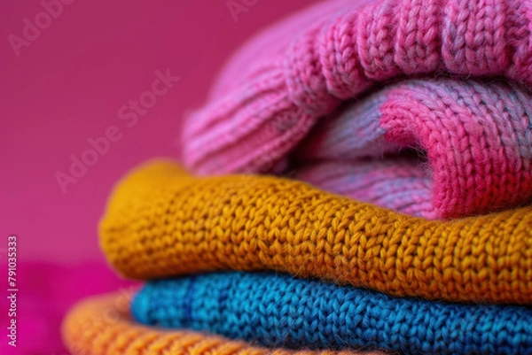 Fototapeta stack of cozy knitted sweaters in autumn colors on a pink backdrop
