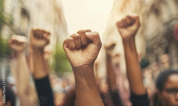 Fototapeta Unity and strength in diversity, raised fists of different skin tones against a blurred city backdrop symbolizing solidarity - AI generated.