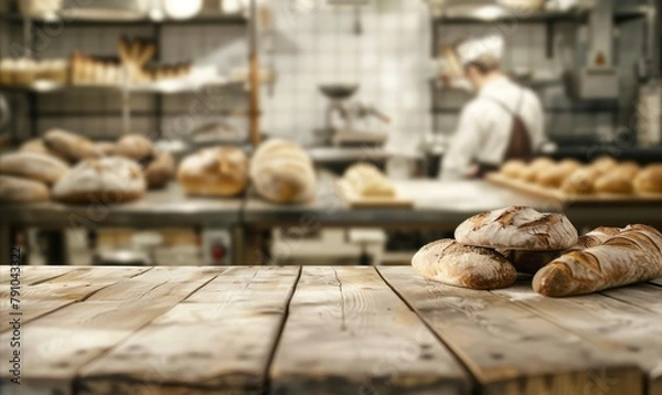 Fototapeta Bustling artisan bakery kitchen with focus on foreground wooden countertop, blurred baker at work in background amidst warm, rustic atmosphere - AI generated