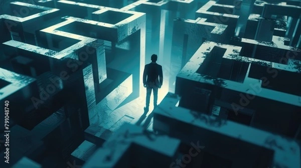Fototapeta Conceptual image of a businessman at the entrance of a labyrinth, representing challenge and strategic thinking - AI generated