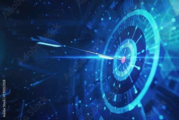 Fototapeta Close-up of a digital dart hitting bullseye, an allegory for precision, goal achievement, and strategic success - AI generated