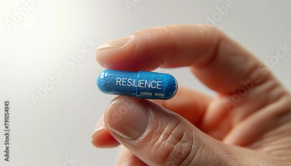 Fototapeta Fingers showing a blue capsule with the name resilience