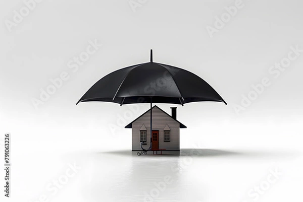 Obraz home insurance and protection, featuring a family house secured under an umbrella, symbolizing safety and security against potential risks