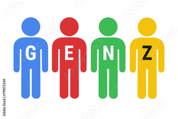 Fototapeta Gen Z and Generation Z - social and demographic group of young adults and teenagers. People in colorful and vibrant colors. Simple symbol, sign and pictogram. Vector illustration isolated on white.