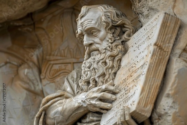 Fototapeta statue of Moses holding stone tablet with ten commandments