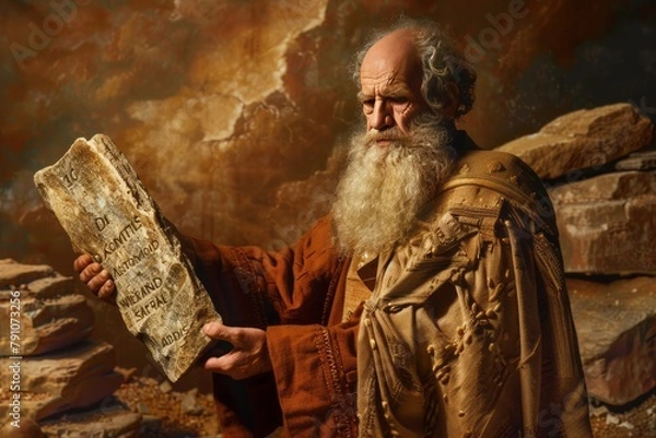 Fototapeta painting of Moses holding stone tablet with ten commandments