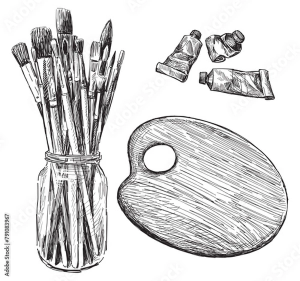 Fototapeta Paintbrushes, palette, paint tubes artistic oil painting tool objects  professional creative, set sketch black and white hand drawn vector illustration isolated on white