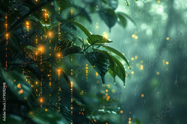 Fototapeta a digital jungle composition, merging natural elements with digital technology and code. It should convey the blending of living organisms with virtual reality