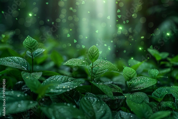 Fototapeta a digital jungle composition, merging natural elements with digital technology and code. It should convey the blending of living organisms with virtual reality