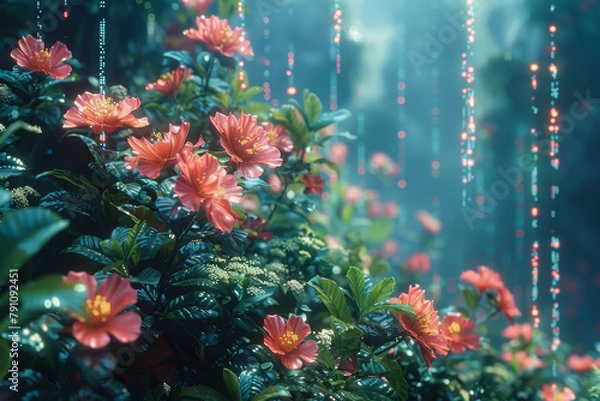 Fototapeta a digital jungle composition, merging natural elements with digital technology and code. It should convey the blending of living organisms with virtual reality