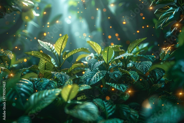 Fototapeta a digital jungle composition, merging natural elements with digital technology and code. It should convey the blending of living organisms with virtual reality