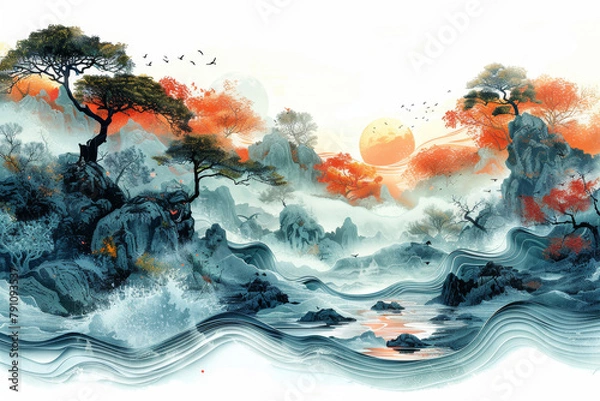 Fototapeta a marine chronicle, combining abstract shapes and marine elements to evoke the changing seasons and weather conditions underwater