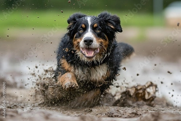 Fototapeta Bernese mountain dog playing and jumping in the mud, summer day, really dirty fur, mud splash
