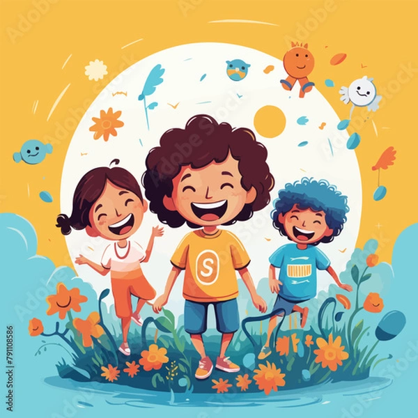 Obraz children with flowers, children's day vector illustration