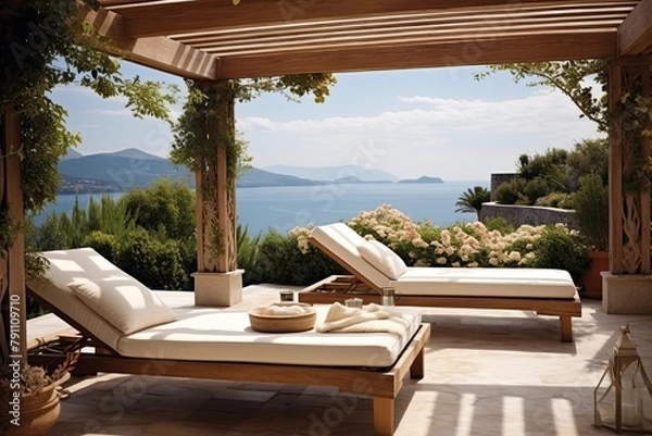 Fototapeta Sun Lounger Paradise: Mediterranean Seaside Patio Ideas for a Relaxed Vibe