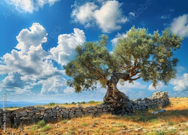 Obraz Old olive tree in the Mediterranean countryside, with blue sky and stone walls