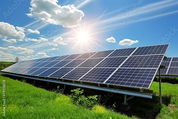 Fototapeta photovoltaic solar panels producing ecological green renewable energy on green grass on green field, generative AI