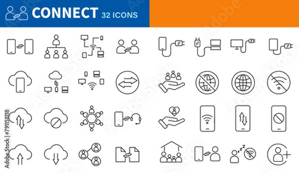 Fototapeta Connect icon set. Editable thin line stroke icon on the theme of networking and connecting people.