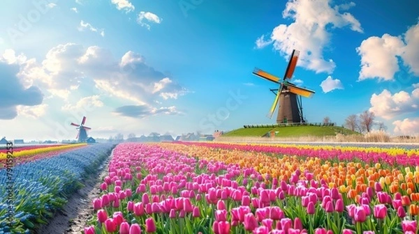 Obraz Panorama of landscape with blooming colorful tulip field, traditional dutch windmill and blue cloudy sky in Netherlands --ar 16:9 Job ID: 0d32cdee-d843-4f0e-a31e-937cfec28dd0