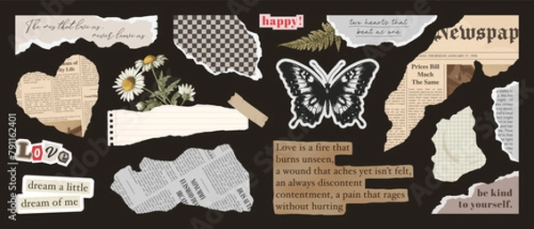 Fototapeta Set of torn papers, old newspaper, cut notepaper, collage craft elements, retro notebook sheets, craft rip labels. Trendy collage vector collection. Retro grunge stickers for scrapbook design.
