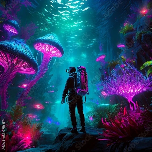 Fototapeta A captivating scene of an adventurous journey through an eerie underwater world, filled with bizarre creatures and vibrant colors