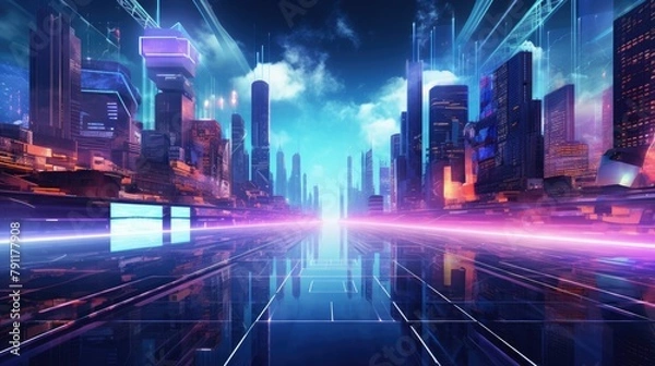 Fototapeta Abstract cyber cityscape with neon lights and digital billboards