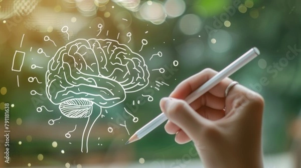 Fototapeta A hand drawing a diagram of the brain and highlighting areas that are impacted by neuroplasticity showcasing how rewiring the brain can lead to improved function. .