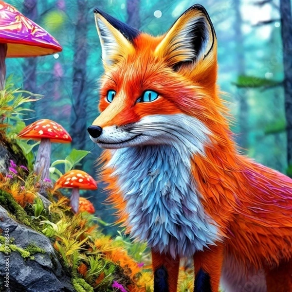 Fototapeta A stunning 3D render of a charming and magnificent fox with vibrant orange fur and piercing blue eyes