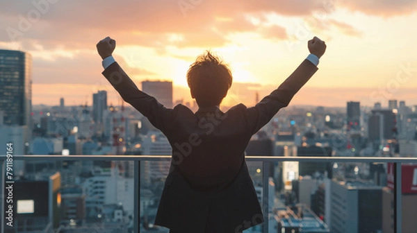 Fototapeta 屋上で太陽に向かい喜ぶビジネスマン Happy Businessman toward sun at rooftop