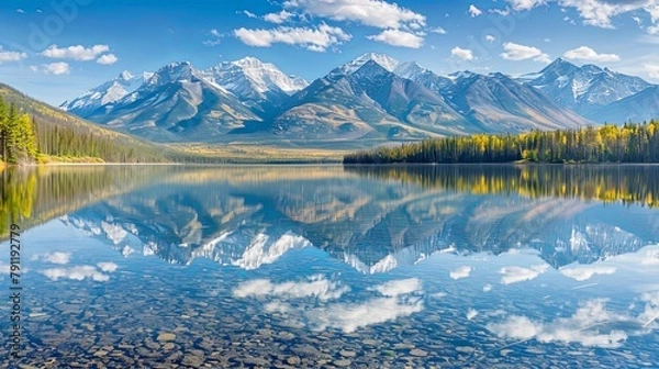 Fototapeta A crystal-clear lake reflecting towering snow-capped mountains, illustrating the harmony between water and mountains in pristine landscapes.