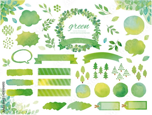 Obraz 水彩タッチの緑の葉っぱの吹き出しの素材セット