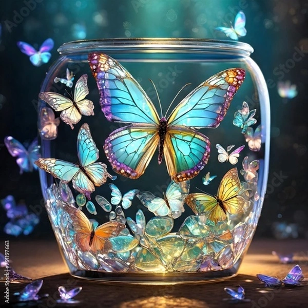 Fototapeta A stunning 3D render of a glass container filled with delicate, transparent crystal butterflies.