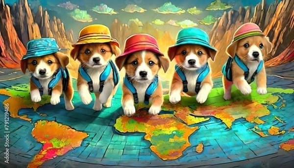 Fototapeta A stunning 3D render of a group of playful and adorable puppies embarking on an adventurous journey around the world
