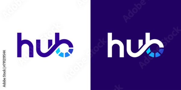 Fototapeta Hub logo design wordmark with data progress technology graphic design vector illustration. Symbol, icon, creative.