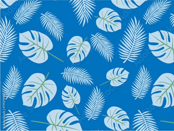 Fototapeta トロピカルなボタニカル柄のシームレスパターン（ブルー）