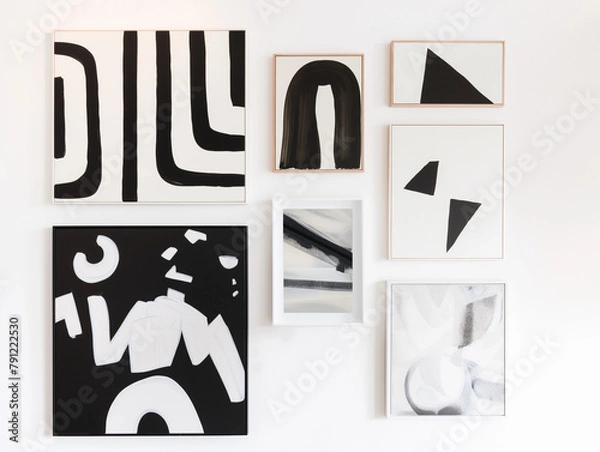 Fototapeta Trendy black and white wall art, on a white wall, minimalist interior design wall art, abstract spaces, created by a graphic designer, serenity.